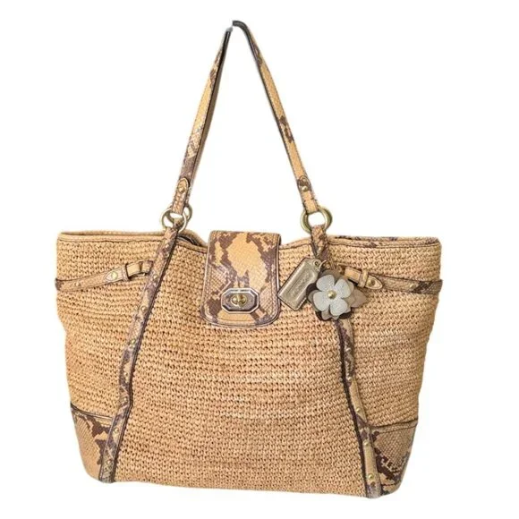 Coach Natalie Straw and Python Embossed Leather Trim Hangtags Natural Large Tote - Picture 2 of 15